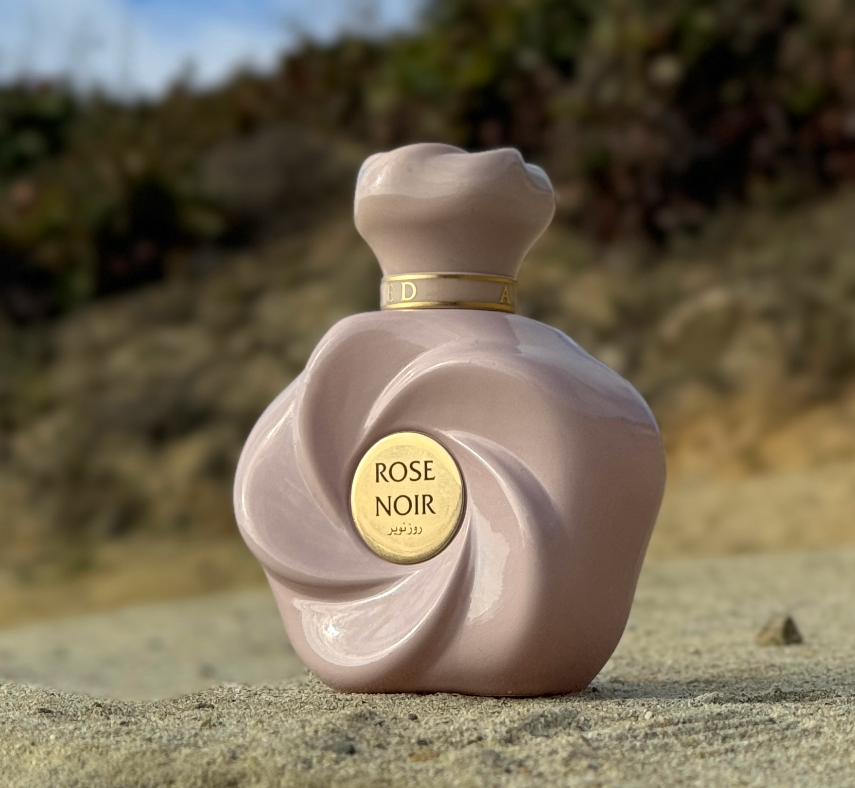 Pink perfume bottle labeled &#39;Rose Noir&#39; on a stone surface with a natural background